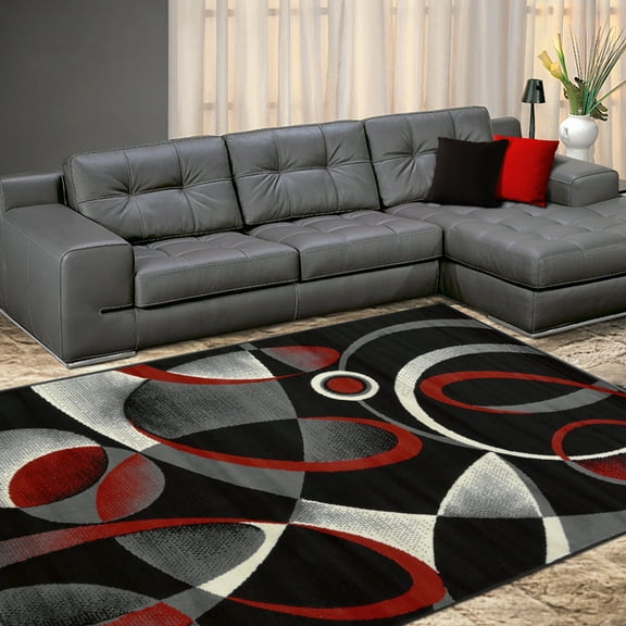 Allstar 8x10 Modern Accent Rug in Black with Red Abstract Multiple Shape design (7' 6" x 10' 5")