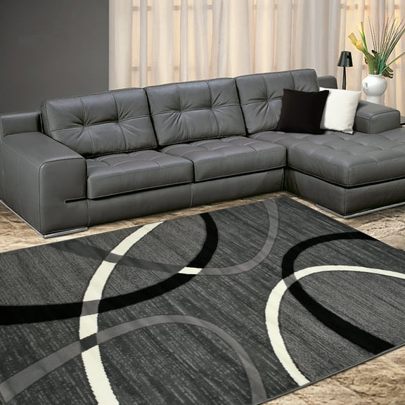 Allstar 8x10 Modern Accent Rug in Grey with White Abstract Overlapping Curve design (7' 6" x 10' 5")