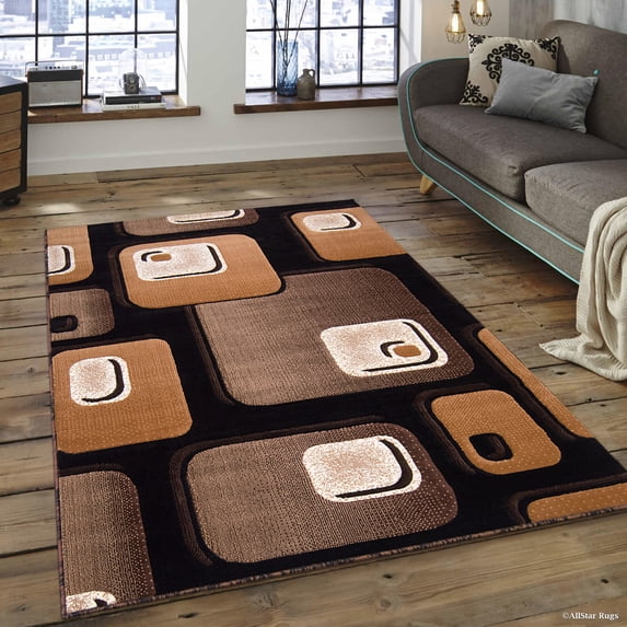 Allstar 8x10 Modern Area Rug in Black with Dark Brown Geometric Rounded Rectangle design (7' 9" x 10' 1")