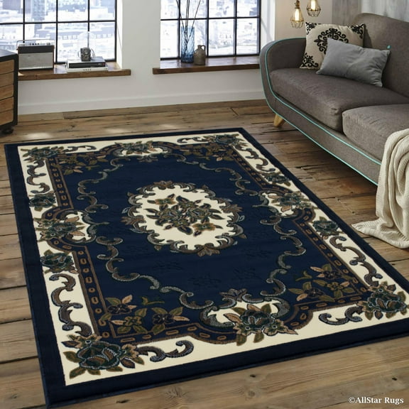 Allstar 8x10 Traditional Area Rug in Blue with Ivory French Aubusson design (7' 9" x 10' 1")