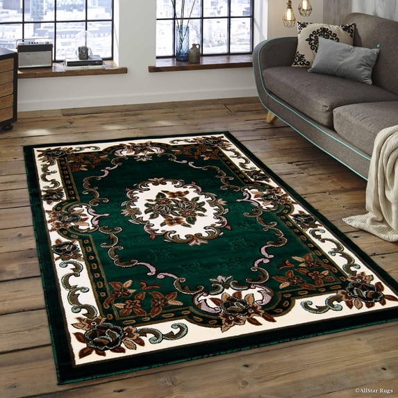 Allstar 8x10 Traditional Area Rug in Green with Ivory French Aubusson design (7' 9" x 10' 1")