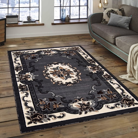 Allstar 8x10 Traditional Area Rug in Grey with Ivory French Aubusson design (7' 9" x 10' 1")