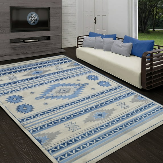 Allstar 8x10 Tribal Accent Rug in Royal Blue with Gainsboro Grey Cherokee Shamanic Eye design (7' 5" x 9' 8")