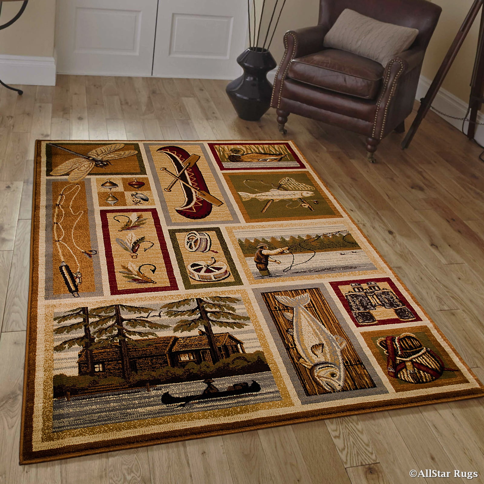 Mocha and Ivory Canoe Print Synthetic Area Rug 7'7" x 10'6"
