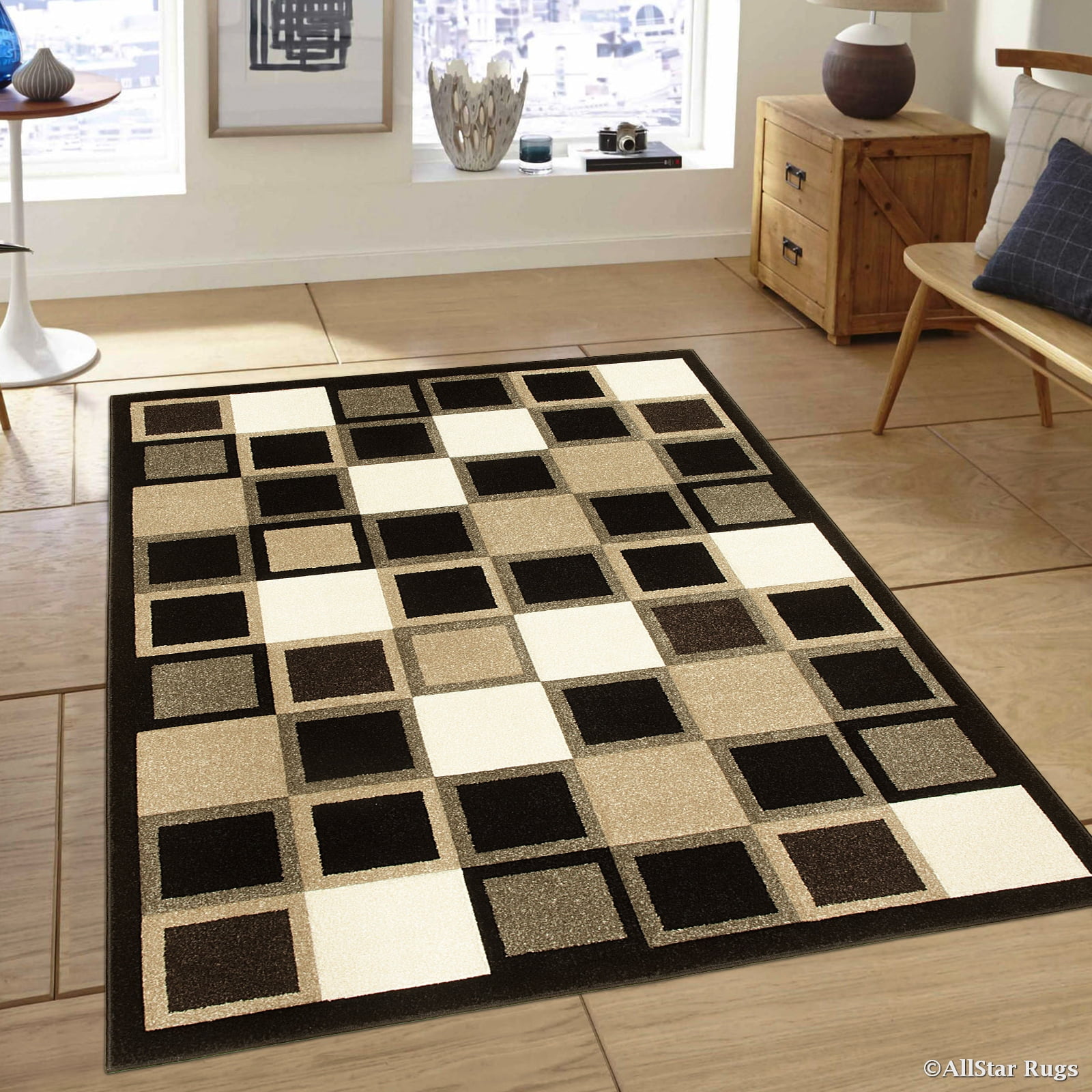 Allstar Black Modern Geometric Brown square design Area Rug (5' 2