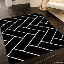 Allstar Black Shaggy Area Rug with 3D Design with White Lines. Contemporary Formal Casual Hand Tufted (5' x 7')