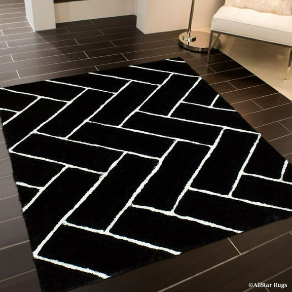 Allstar Black Shaggy Area Rug with 3D Design with White Lines. Contemporary Formal Casual Hand Tufted (5' x 7')