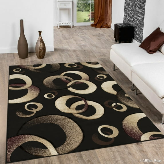 Allstar Black Woven Hand Carved Contemporary. Modern Circles Area Rug (5' 2" x 7' 2")