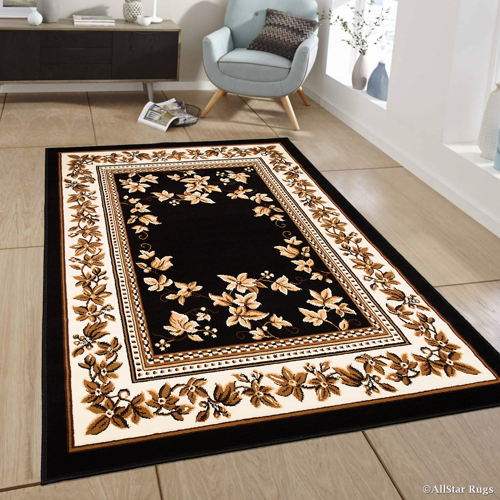 Allstar Rugs Allstar Woven Traditional Persian Floral Design Rug Black ...