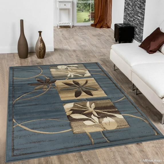 Allstar Blue Flowers Floral Design Modern Geometric Area Rug (5' 2" x 7' 2")