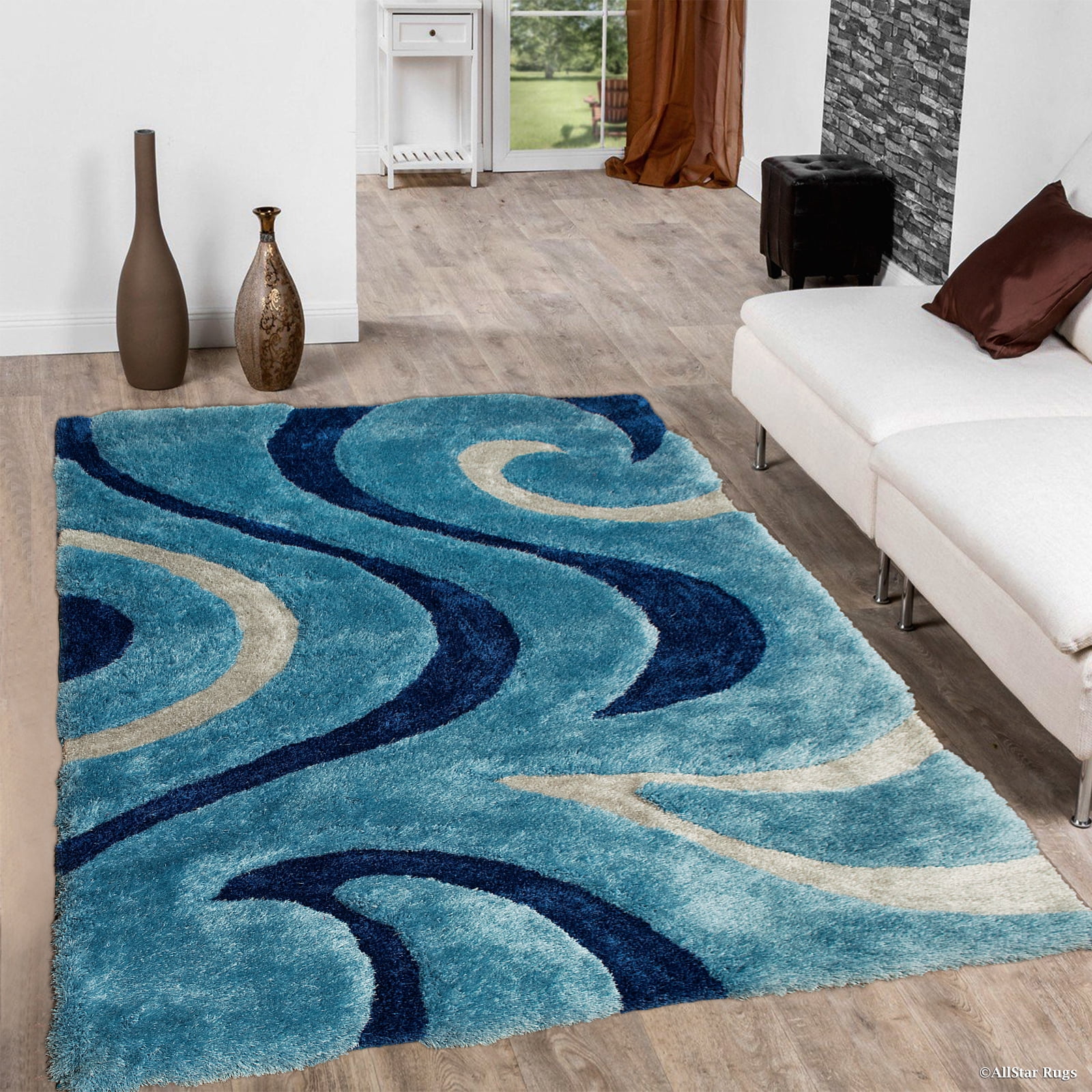Allstar Blue Shaggy Area Rug with 3D Light Blue Design. Contemporary ...