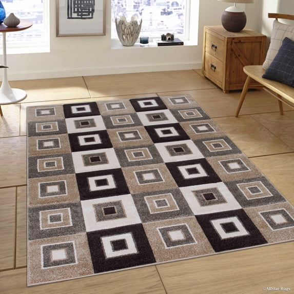 Allstar Brown / Beige Modern Geometric square design Area Rug (5' 2" x 7' 2")