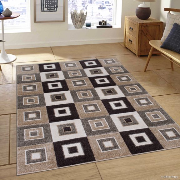 Allstar Brown / Beige Modern Geometric square design Area Rug (5' 2" x 7' 2")