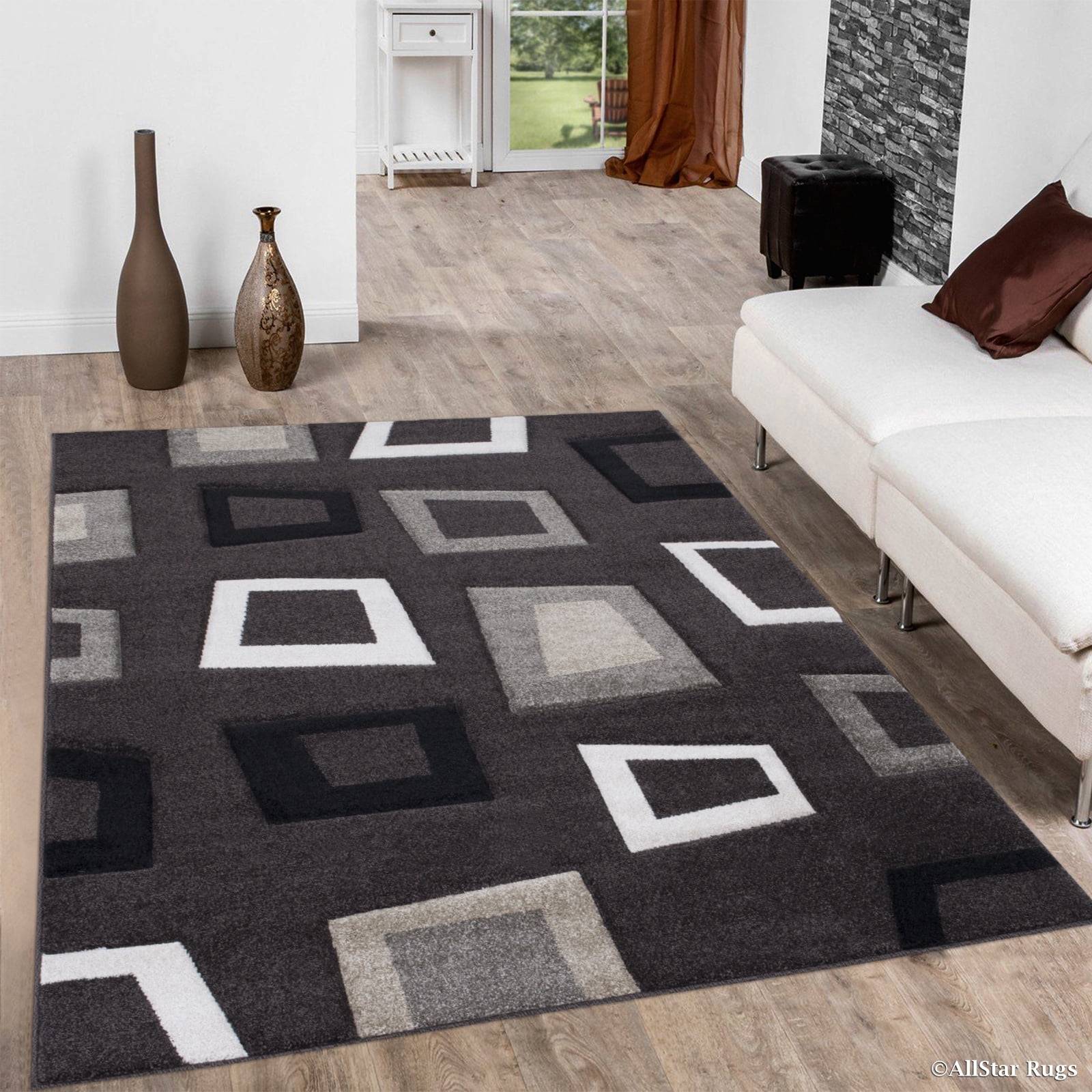 Allstar Brown Modern Geometric square design Area Rug (3' 9
