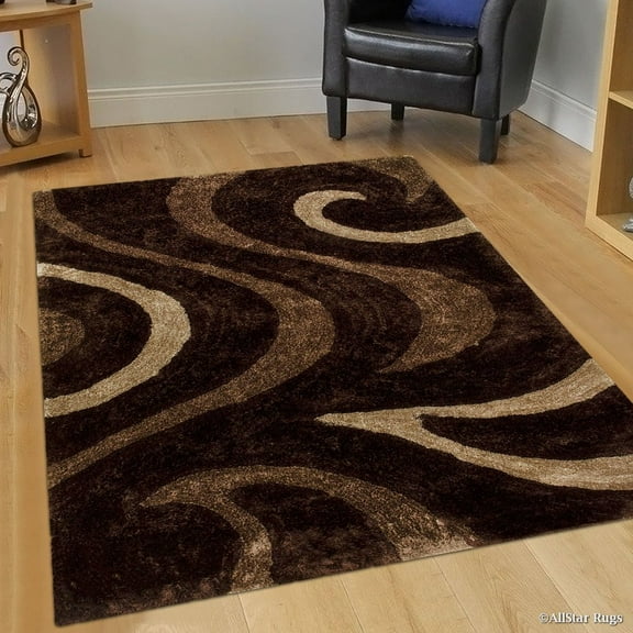 Allstar Brown Shaggy Area Rug with 3D Brown Circle Design. Contemporary Formal Hand Tufted (5' x 7')