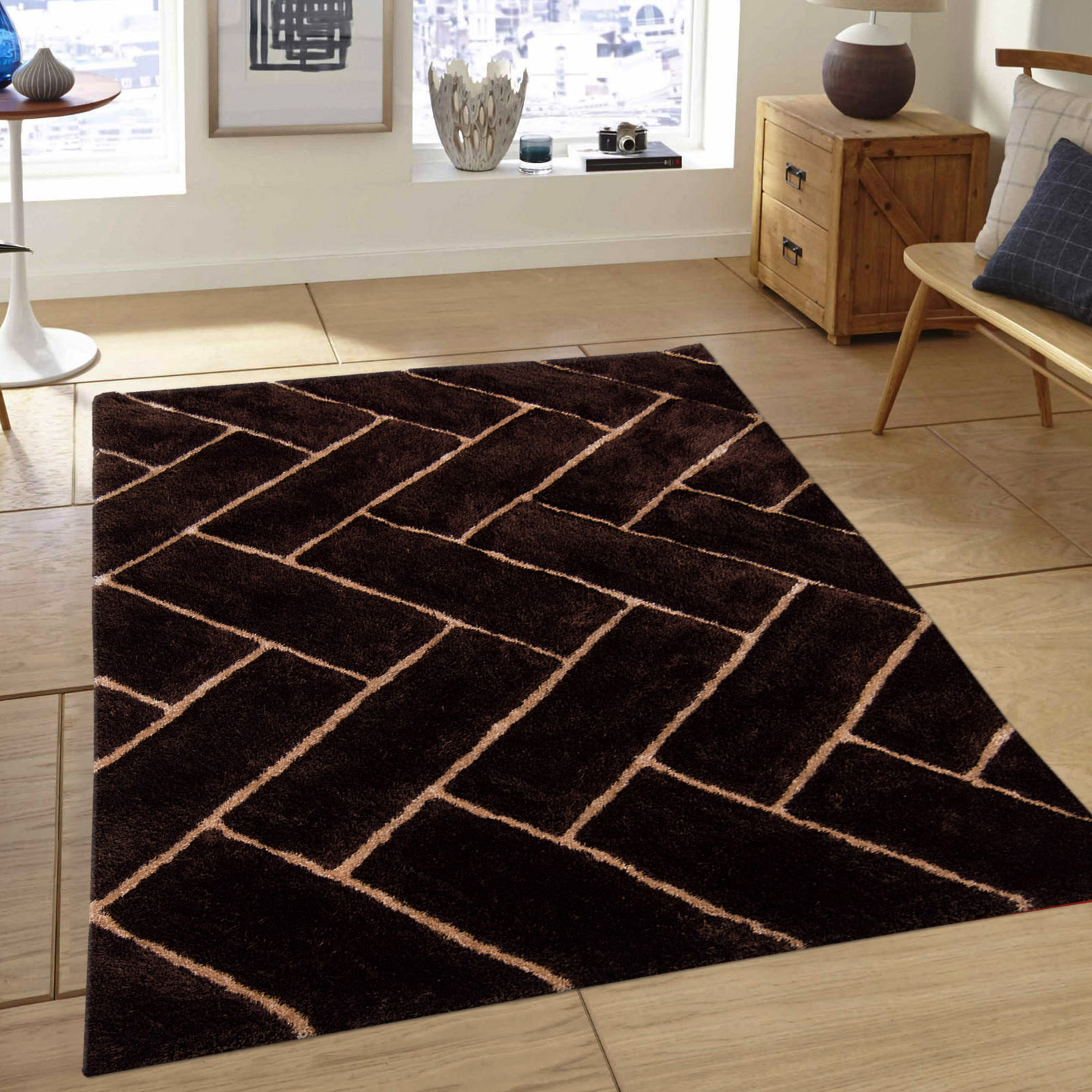 Allstar Brown Shaggy Area Rug with 3D Design with Lines. Contemporary ...