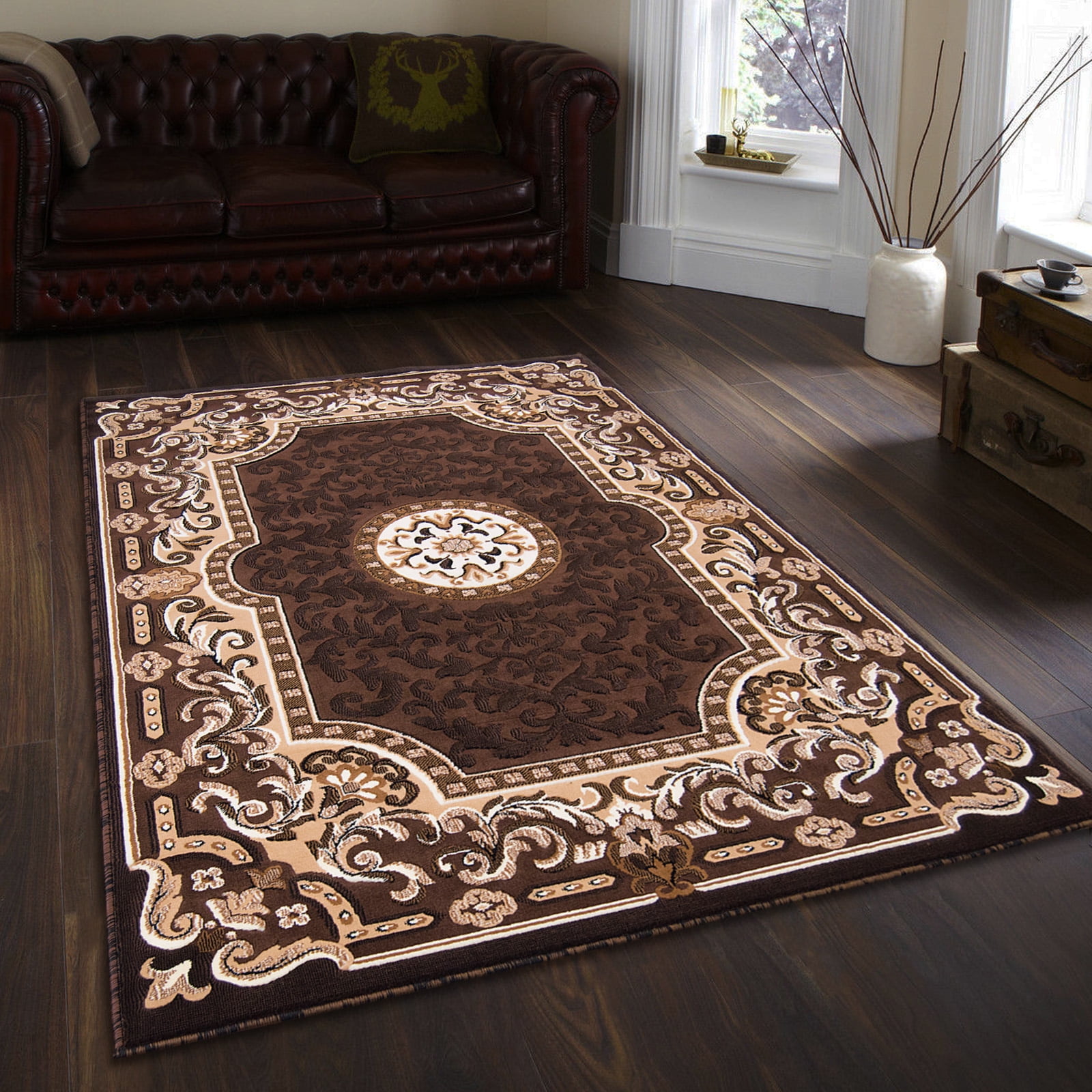 Ivory and Chocolate Synthetic Traditional Area Rug