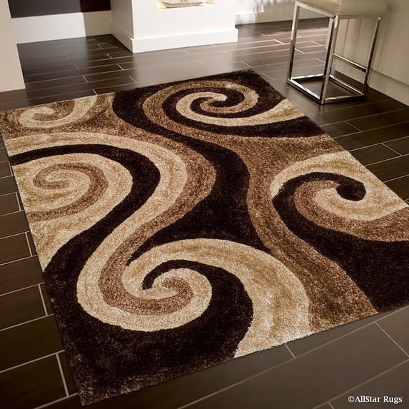 Allstar Coco Shaggy Area Rug with 3D Brown Spiral Design. Contemporary Formal Casual Hand Tufted (5' x 7')