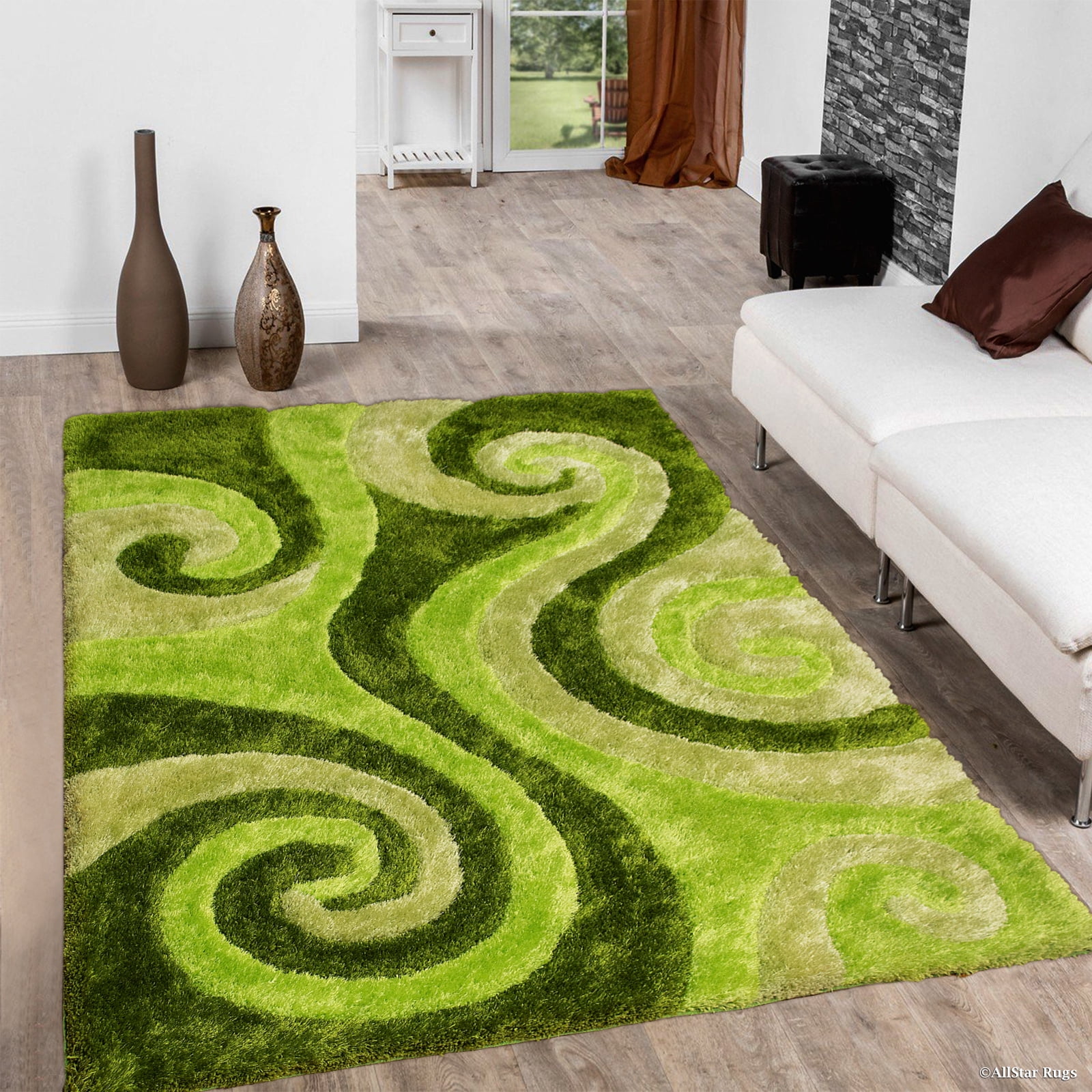 Allstar Green Shaggy Area Rug with 3D Lime Green Spiral Design ...