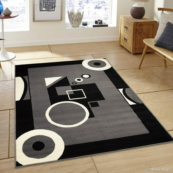 Allstar Grey Area Rug. Contemporary. Abstract. Traditional. Geometric. Formal. Shapes. Squares. Circles (3' 9" x 5' 1")