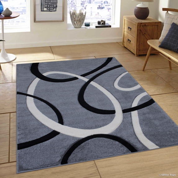Allstar Grey Modern Geometric Black circle design Area Rug (5' 2" x 7' 2")