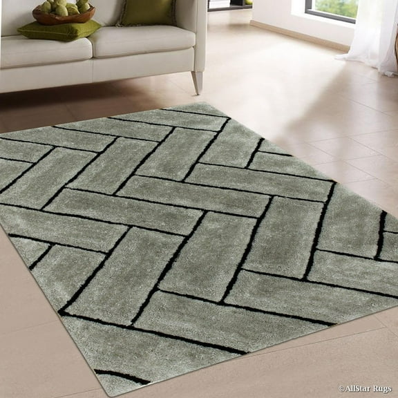 Allstar Grey Shaggy Area Rug with 3D Design with Black Lines. Contemporary Formal Casual Hand Tufted (5' x 7')