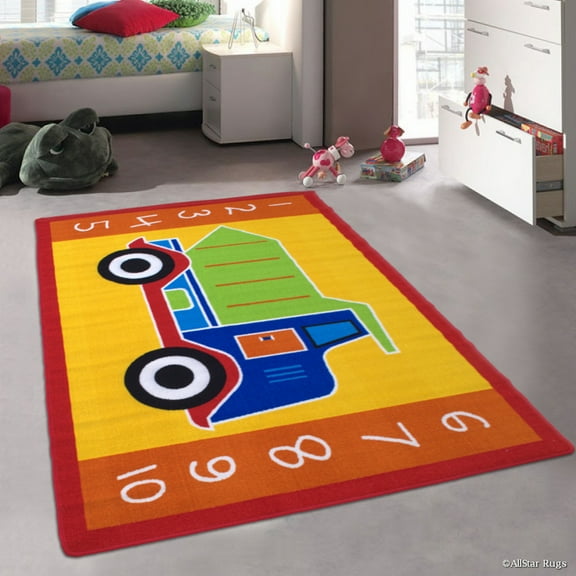 Allstar Kids / Baby Room Area Rug. Big Green Truck. Bright Yellow Colorful Vibrant Colors (3' 3" x 4' 10")
