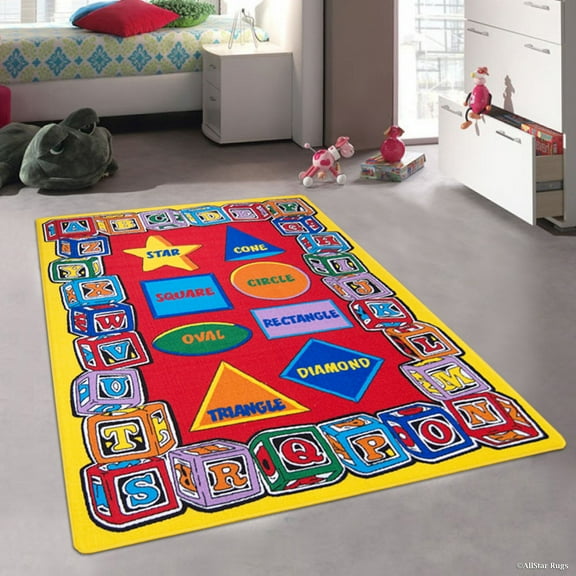Allstar Kids / Baby Room Area Rug. Learn ABC / Alphabet Letters Shapes, Star, Cube, Football, Bright Colorful Vibrant Colors (3' 3" x 4' 10")