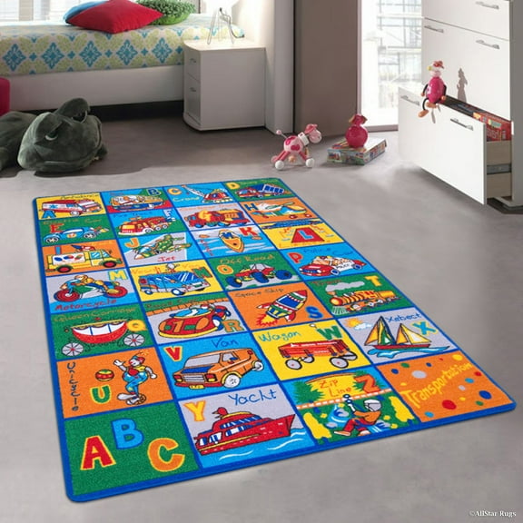 Allstar Kids / Baby Room Area Rug. Learn ABC / Alphabet Letters Transportation Bright Colorful Vibrant Colors (3' 3" x 4' 10")