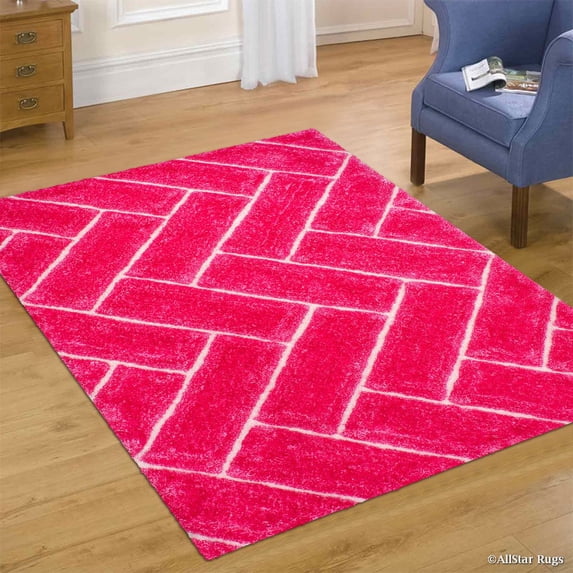 Allstar Pink Shaggy Area Rug with 3D Design with Lines. Contemporary Formal Casual Tween Hand Tufted (5' x 7')