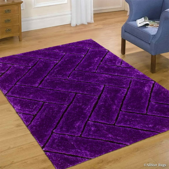 Allstar Purple Shaggy Area Rug with 3D Design with Black Lines. Contemporary Formal Casual Hand Tufted (5' x 7')