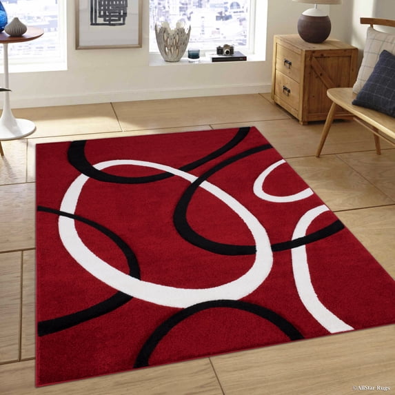 Allstar Red Modern Geometric Black circle design Area Rug (3' 9" x 5' 1")
