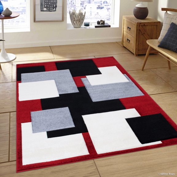 Allstar Red Modern Geometric Grey and Black square design Area Rug (5' 2" x 7' 2")