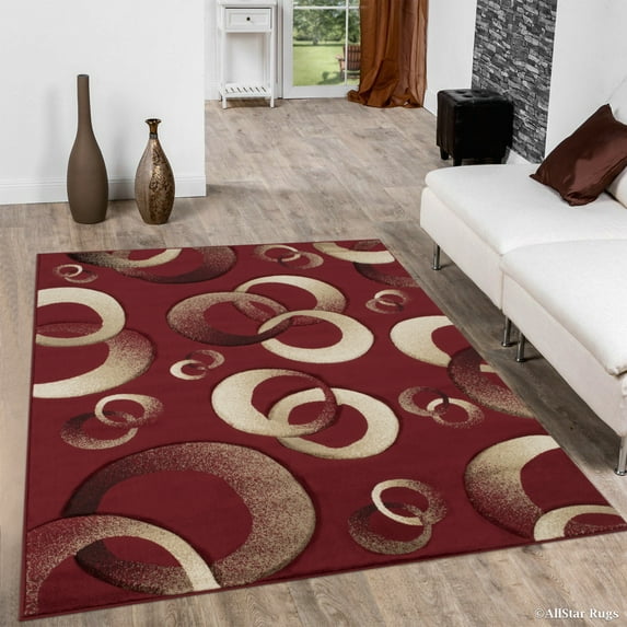 Allstar Red Woven Hand Carved Contemporary. Modern Circles Area Rug (3' 9" x 5' 1")