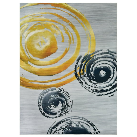 Allstar Rugs 2' 0" x 6' 0" Gainsboro Grey Modern Abstract Themed Polyester Runner with a Slate Blue Ripple Ring Design and Yellow Accents. Machine-Made in China.