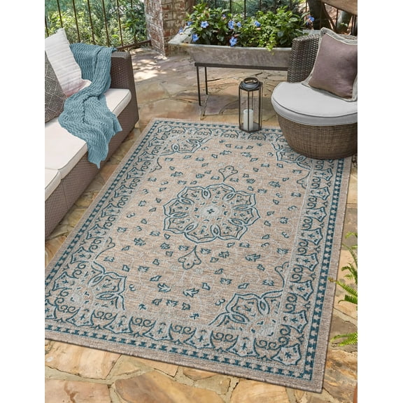 Allstar Rugs 2' 0" x 6' 11" Beige Traditional Persian Themed Polypropylene Runner with a Dark Cyan Heriz Design and Powder Blue Accents. Flatweave in Turkey.