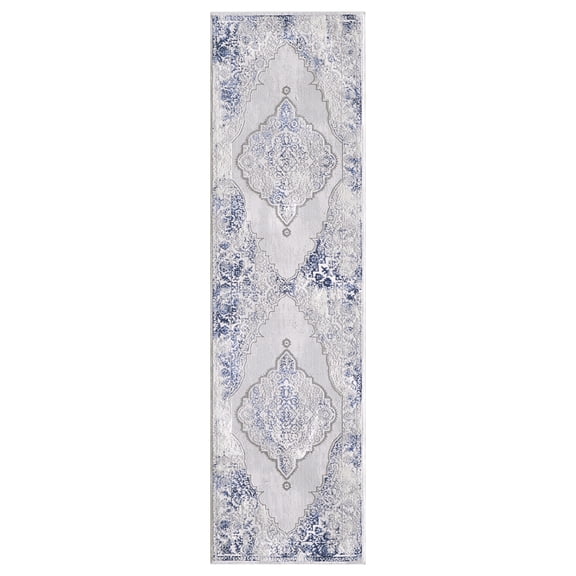 Allstar Rugs 2' 0" x 6' 11" Gainsboro Grey Traditional Persian Themed Polyester Runner with a Blue Bijar Design and Ivory Accents. Machine-Made in Turkey.