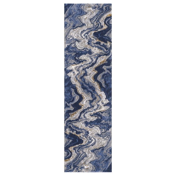 Allstar Rugs 2' 0" x 6' 11" Grey Modern Abstract Themed Polyester Runner with a Blue Viscose Fluid Flow Design and Gold Accents. Machine-Made in Turkey.