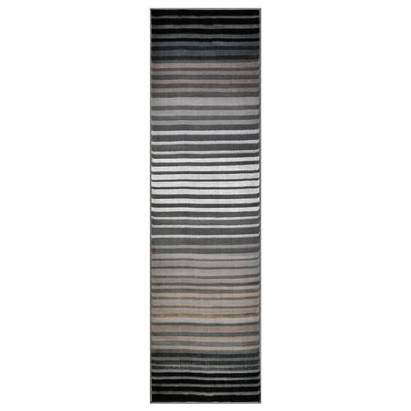 Allstar Rugs 2' 0" x 6' 11" Grey Modern Abstract Themed Polypropylene Runner with a Black Gradient Stripes Design and Taupe Accents. Machine-Made in Turkey.