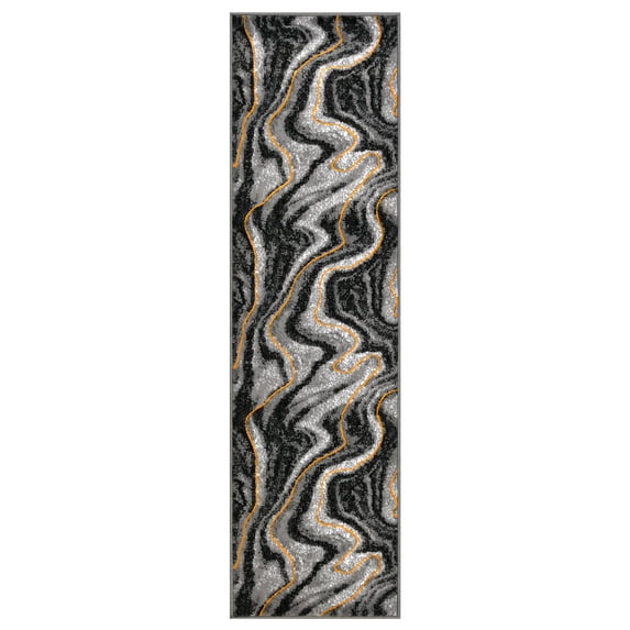 Allstar Rugs 2' 0" x 6' 11" Grey Modern Abstract Themed Polypropylene Runner with a Black Viscous Fluid Design and Gold Accents. Machine-Made in Turkey.