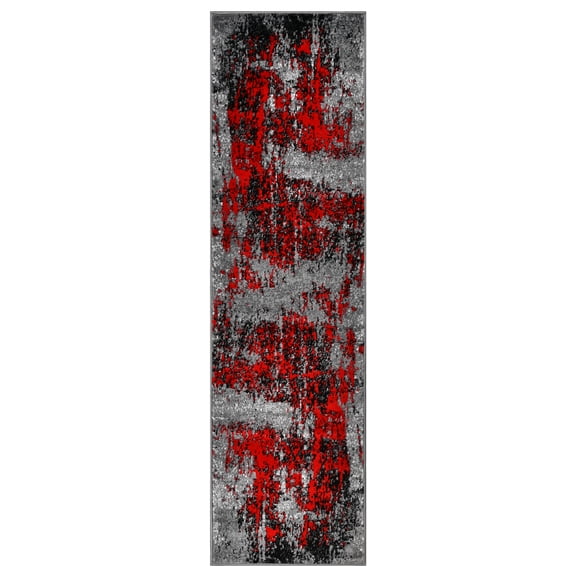 Allstar Rugs 2' 0" x 6' 11" Grey Modern Abstract Themed Polypropylene Runner with a Black Weathered Texture Design and Scarlet Red Accents. Machine-Made in Turkey.