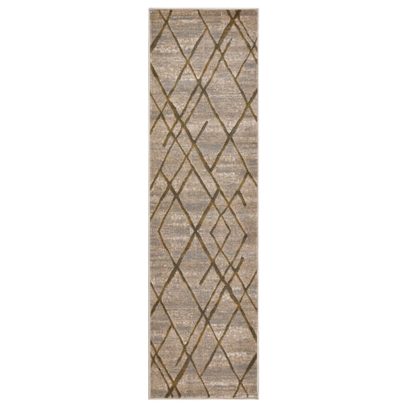 Allstar Rugs 2' 0" x 6' 11" Wheat Modern Abstract Themed Polypropylene Runner with a Camel Diagonal Crossing Lines Design and Steel Blue Accents. Machine-Made in Turkey.