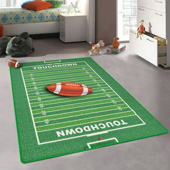 Allstar Rugs 4' 11" x 6' 11" Green Kids Educational Themed Nylon Area Rug with a Brown Football Field Design and White Accents. Hand-Tufted in Turkey.