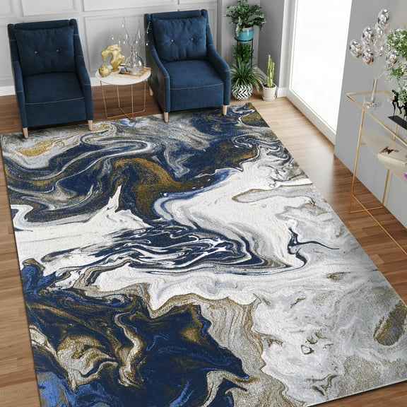 Allstar Rugs 5' 0" x 6' 11" Gainsboro Grey Modern Abstract Themed Polyester Area Rug with a Light Blue Viscose Fluid Mixture Design and Gold Accents. Machine-Made in Turkey.