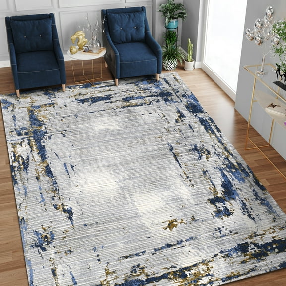 Allstar Rugs 5' 0" x 6' 11" Gainsboro Grey Modern Abstract Themed Polyester Area Rug with a Steel Blue Combed Pattern With Distressesd Frame Design and Gold Accents. Machine-Made in Turkey.
