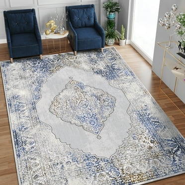 Allstar Rugs 5' 0" x 6' 11" Gainsboro Grey Traditional Persian Themed Polyester Area Rug with a Blue Bijar Design and Gold Accents. Machine-Made in Turkey.