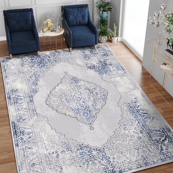 Allstar Rugs 5' 0" x 6' 11" Gainsboro Grey Traditional Persian Themed Polyester Area Rug with a Blue Bijar Design and Ivory Accents. Machine-Made in Turkey.