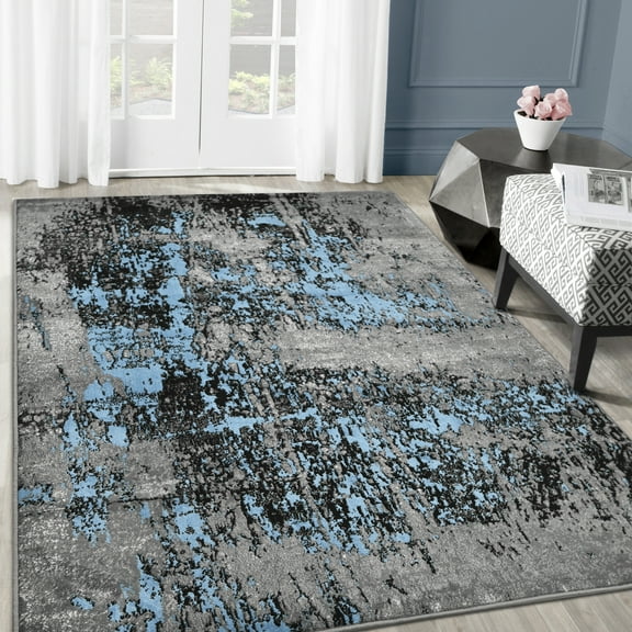Allstar Rugs 5' 0" x 6' 11" Grey Modern Abstract Themed Polypropylene Area Rug with a Black Weathered Texture Design and Light Blue Accents. Machine-Made in Turkey.