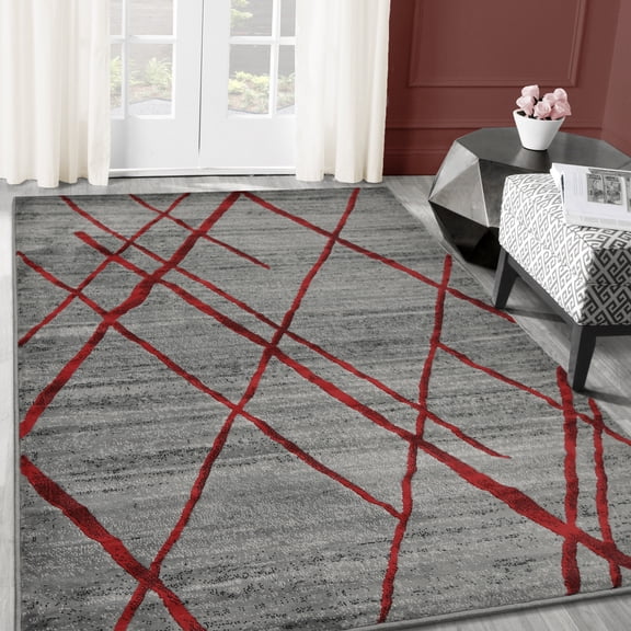 Allstar Rugs 5' 0" x 6' 11" Grey Modern Abstract Themed Polypropylene Area Rug with a Scarlet Red Diagonal Crossing Lines Design and Charcoal Grey Accents. Machine-Made in Turkey.
