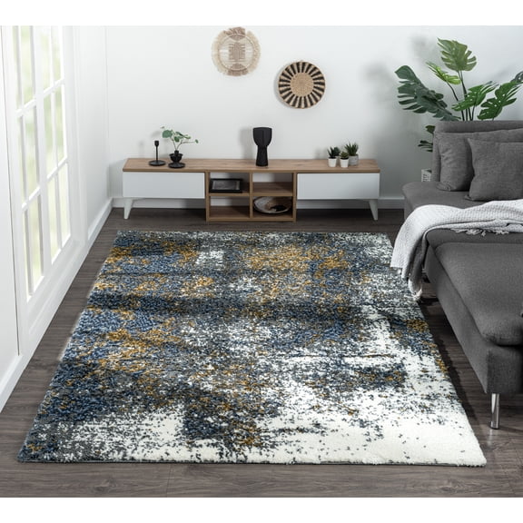 Allstar Rugs 5' 0" x 6' 11" Ivory Modern Abstract Themed Polyester Area Rug with a Slate Blue Weathered Texture Design and Bronze Accents. Machine-Made in Turkey.